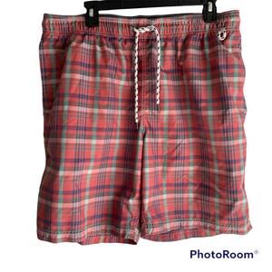 Lands' End Mens Red Plaid Swimming Trunks, L